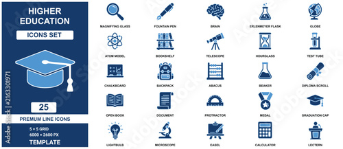 Higher education set template displaying twenty five blue school and science symbols