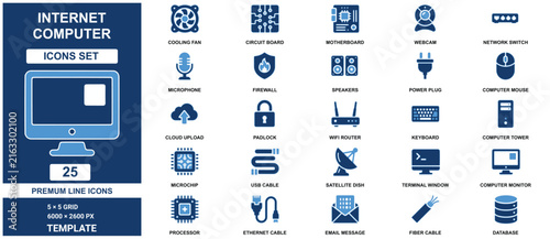 Internet computer set template displaying twenty five blue network and hardware symbols