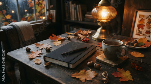 Autumn harvest table setting with open book, pumpkins, and warm candlelight ambiance for cozy fall decor