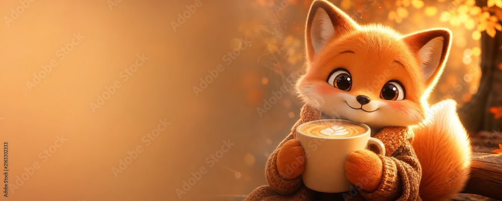 Naklejka premium Cute fox holding a cup of coffee in an autumn forest. Cozy woodland animal illustration with warm seasonal light and copy space for greeting card or advertising design.