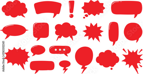 Red speech bubbles set, 18 comic book shout boxes and thought clouds, vibrant red chat icons for social media and marketing graphics