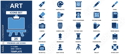 Set template with twenty-five blue creative painting and sculpture symbols on dark