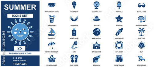 Summer set featuring twenty five blue symbols for vacation, beach, tropical holiday, and travel