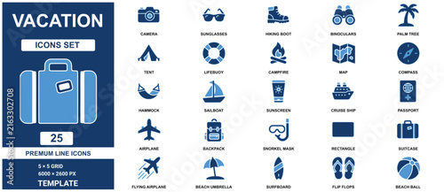 Vacation set: travel and tourism template with blue symbols for holiday and adventure