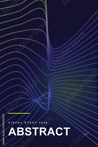 Abstract futuristic poster design with glowing neon wave lines on dark blue background