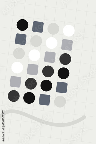 Abstract Geometric Pattern Featuring Grayscale Circles and Squares on a Light Grid Background