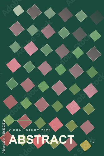 Abstract Geometric Pattern Poster Design Featuring Soft Pastel Diamonds On Deep Green Backdrop