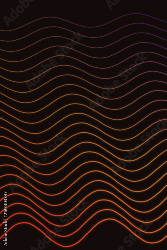 Abstract glowing wavy line pattern with orange red and purple gradient on black background