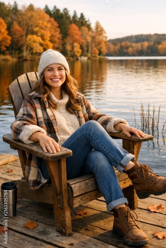 Smiling woman in knit hat and plaid jacket relaxing on a lakeside dock surrounded by autumn foliage for cozy fall wallpaper and retreat design