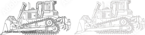 Technical bulldozer construction vehicle line drawing with crawler tracks and front blade equipment