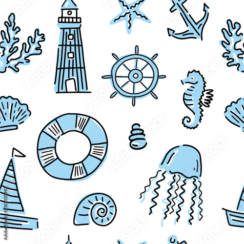 Vector pattern from a collection of hand-drawn doodle illustrations with nautical themes and lighthouse images