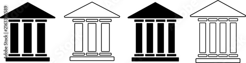 Classical building or bank icon set in flat, outline, and hand-drawn styles