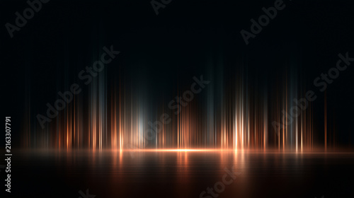 Konstfotografi abstract vertical light streaks with orange and blue glow reflected on dark surf