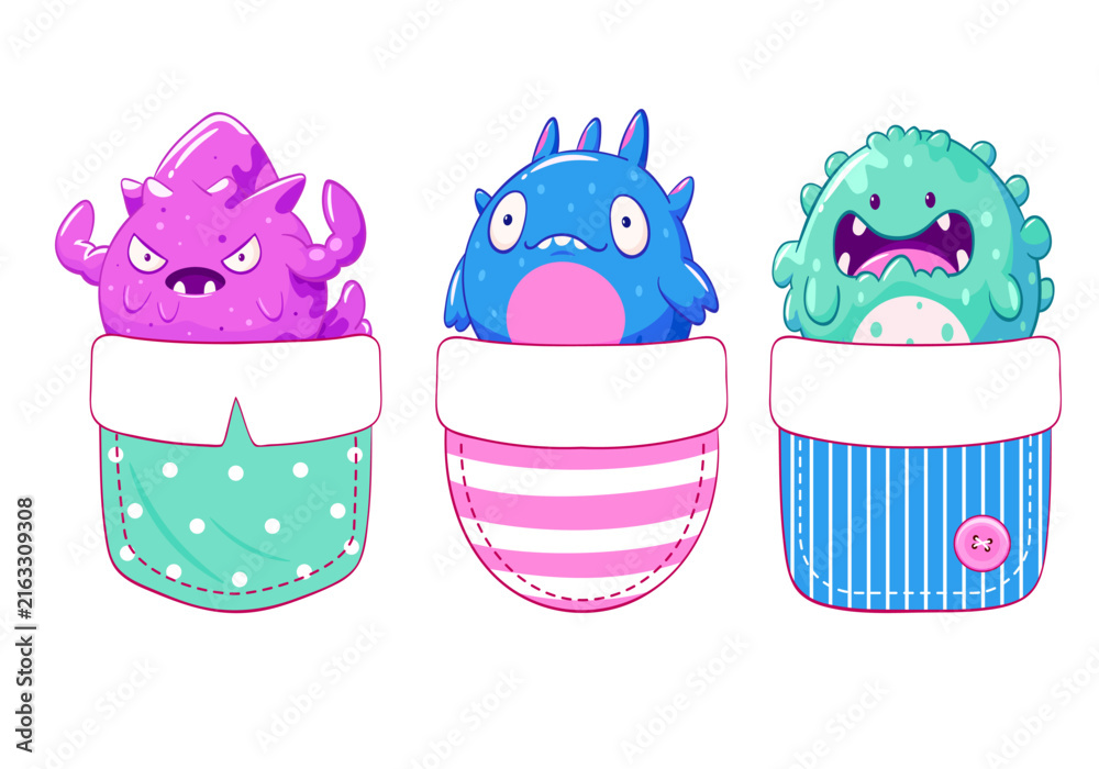 Fototapeta premium Pocket-sized monster friend. Baby badge with little monsters in pocket. Kit of childish print with of cute kawaii baby dragon. Can be used for t-shirt, sticker, badge, card design. Vector EPS 8