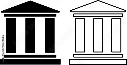 Classical building or bank icon set in flat, outline, and hand-drawn styles