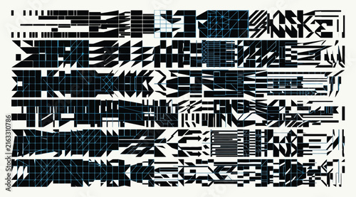 Abstract geometric pattern with black and white lines and grid structures, modern artistic composition with complex linear shapes and high contrast design elements