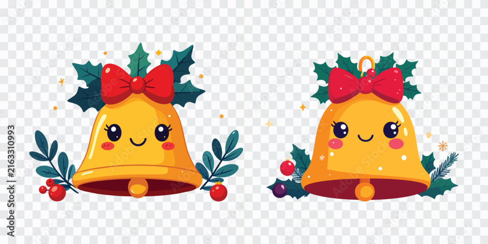 Fototapeta premium Two cute Christmas bell characters with smiling faces, red bows, holly leaves and festive greenery, cheerful cartoon vector ideal for holiday cards, stickers, invitations and seasonal designs.