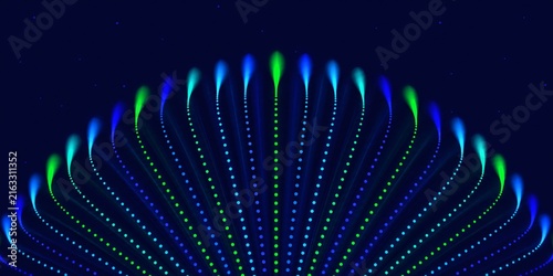 Futuristic Fintech Data Wave With Glowing Blue Green Dotted Arcs Rising in Symmetrical Formation, Creating an Elegant Financial Technology and Digital Motion Background