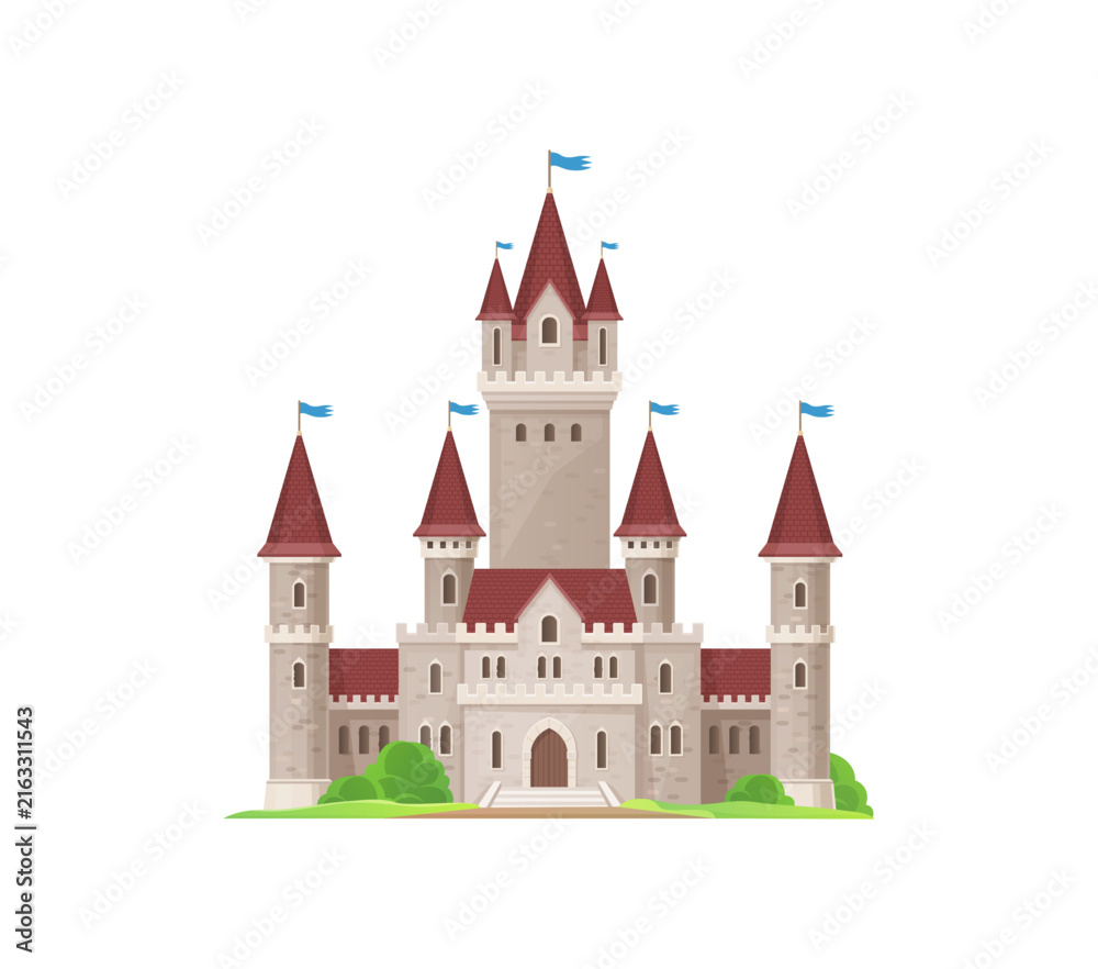 Fototapeta premium Cartoon kingdom palace castle, fairytale fortress castle, kingdom palace. Old ancient medieval royal building with towers and flags. Fortified stronghold construction. Magic king citadel architecture