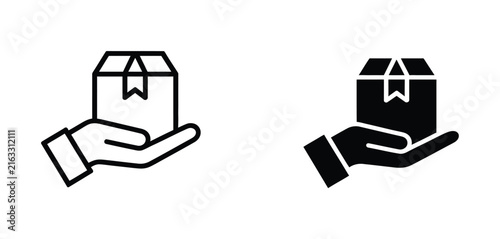 Package in hand icon set featuring safe delivery, parcel handling, shipping service and logistics symbols for ecommerce, courier business and vector design.