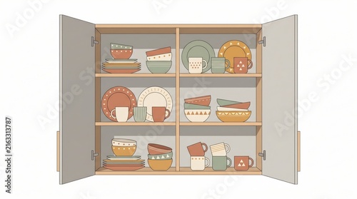 open wooden kitchen cabinet illustration filled with colorful ceramic plates, bowls and mugs. earthy tones dishware collection. domestic interior concept. banner, website header, poster.