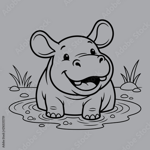 Friendly Baby Hippo Playing in Puddle Art And Illustration