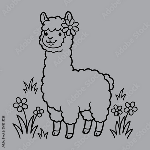 Cheerful Little Alpaca with Flower Art And Illustration