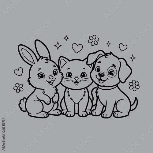 Cute Baby Animals Friendship Coloring Page Art And Illustration