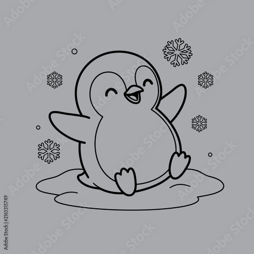 Cute Little Penguin Sliding on Snow Art And Illustration
