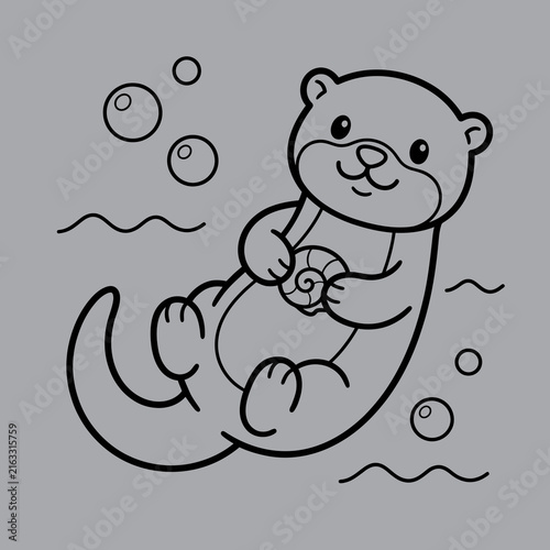 Cute Little Otter Floating with Seashell Art And Illustration