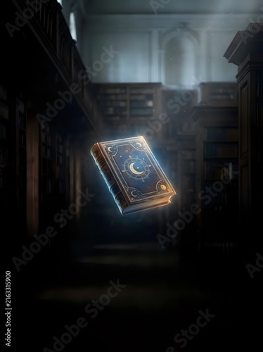 Glowing mystical book with moon and star symbols floating in dark