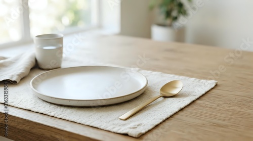Minimalist table setting with empty ceramic plate, wooden spoon