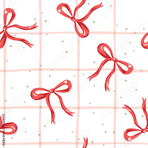 Christmas seamless pattern, red bows, stars, gingham background. Vector illustration. Decorative design. Season greeting. Winter xmas holidays