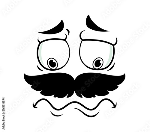 фотографія Cartoon sad mustache face emoji showing large worried droopy eyes, arched eyebrows and trembling wavy mouth