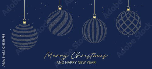 Festive banner Merry Christmas and Happy New Year. Elegant Christmas baubles on a dark blue background.
