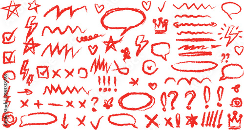 Hand Drawn Love Alphabet and Calligraphic Elements Set with Hearts, Arrows, Symbols and Red Valentine Holiday Decorations for Cards and Patterns