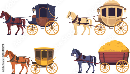Set of retro style antique royal coach illustrations and traditional stagecoaches for historical transport graphics.