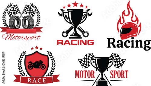 Vector collection of vintage motorsport racing emblems featuring trophies checkered flags flaming helmets and motorcycle shields on white.