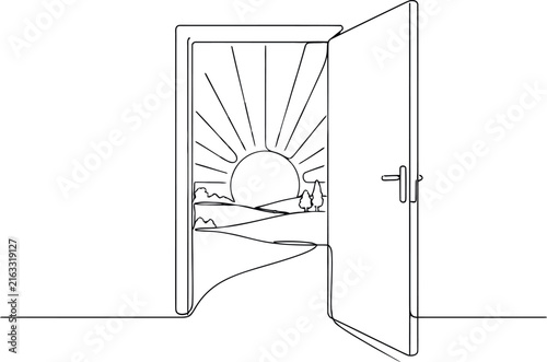 happy new year celebration festival one line art design 2027 new editable Open door revealing sunset landscape with sun rays isolated on transparent background, isolated on white background, Vector