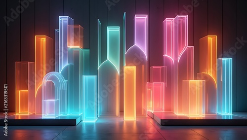 Colorful neon city skyline with glowing skyscraper buildings on a dark black background