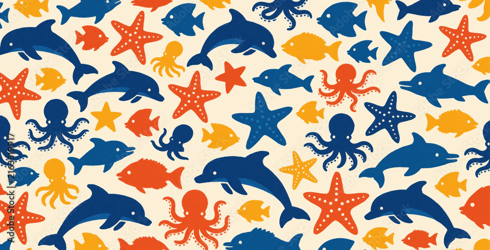 Obraz premium Cute ocean animals pattern with dolphins, octopuses, fish, and starfish. Seamless design for kids textiles and decor. Blue, orange, yellow sea creatures repeat on cream background.