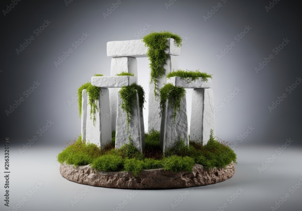 Fototapeta premium Stonehenge monument model with green moss on a rocky base
