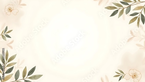 Beautiful watercolor floral frame with green leaves and soft flowers on light pastel background