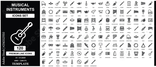 Musical instruments set featuring 120 line symbols on grid template audio