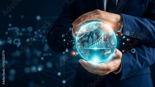 Chief Financial Officer managing corporate finance and global networking through a digital globe.