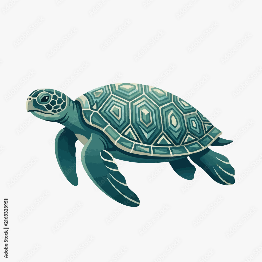 Fototapeta premium Sleek Green Sea Turtle with Intricate Shell Pattern Swimming Gracefully in Minimalist Art Style