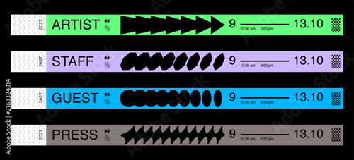 Event wristband templates featuring bold geometric graphics, minimalist typography, and contemporary layouts. Perfect for festivals, concerts, conferences, exhibitions, VIP access.