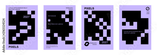 Minimalist pixel-style poster templates featuring bold black geometric forms on a pastel purple background. Modern vector layouts for posters, covers, branding, editorial and digital design.