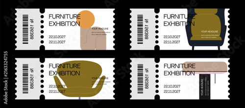 Modern editable vector ticket templates for a contemporary furniture exhibition, featuring minimalist layouts, abstract furniture illustrations.