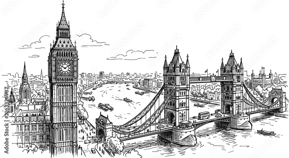 Obraz premium Hand drawn London cityscape sketch featuring Big Ben Tower Bridge and river Thames vector illustration